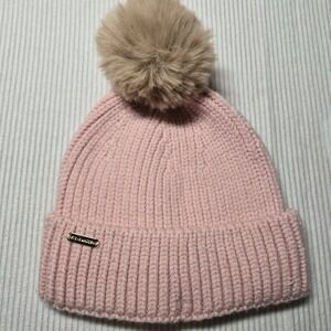 Steve Madden Women's Wide Cuff Blush Pink Faux Fur Pom Beanie Hat‎ One Size